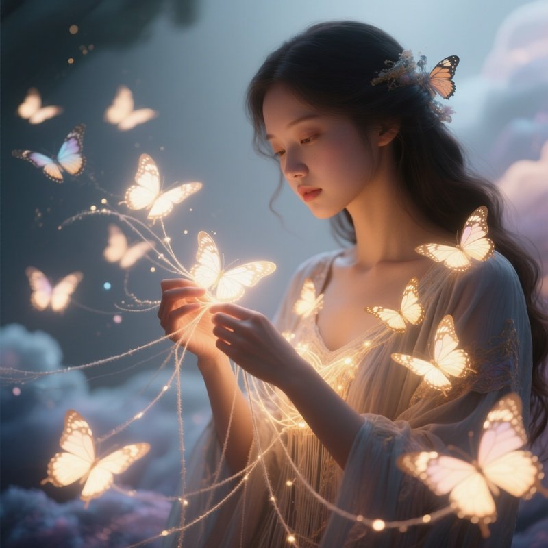 Photorealistic Image: A Dream Weaver Shaping Glowing Butterflies From Dreams.