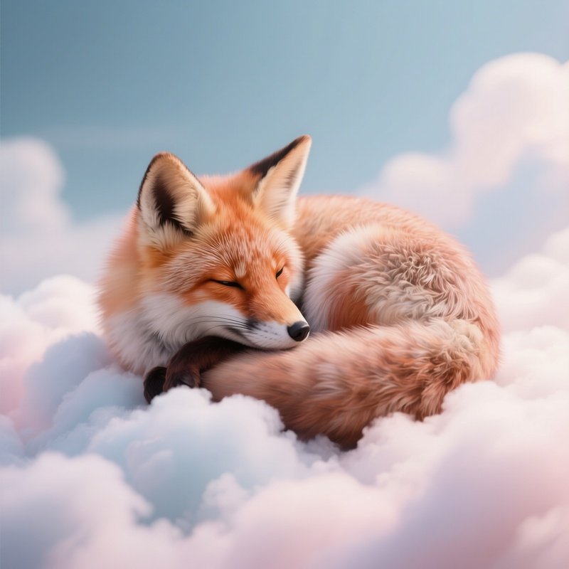 Photorealistic Image: A Dreamlike Pastel Fox Curled On A Cloud.