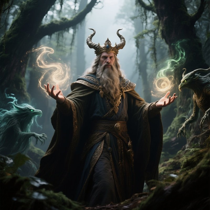 Photorealistic Image: A Druid King Summoning Ancient Forest Spirits.