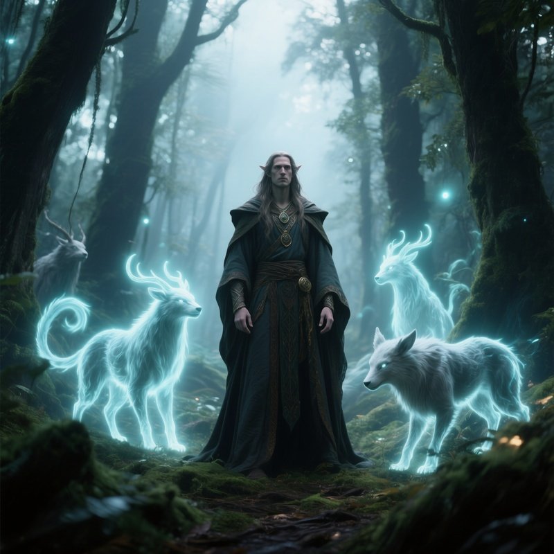 Photorealistic Image: A Druid Standing In A Glowing Forest Surrounded By Spirit Animals.