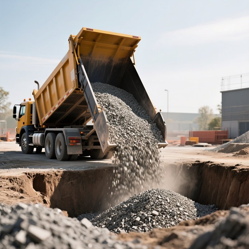 Photorealistic Image: A Dump Truck Unloading Gravel Into A Construction Pit.