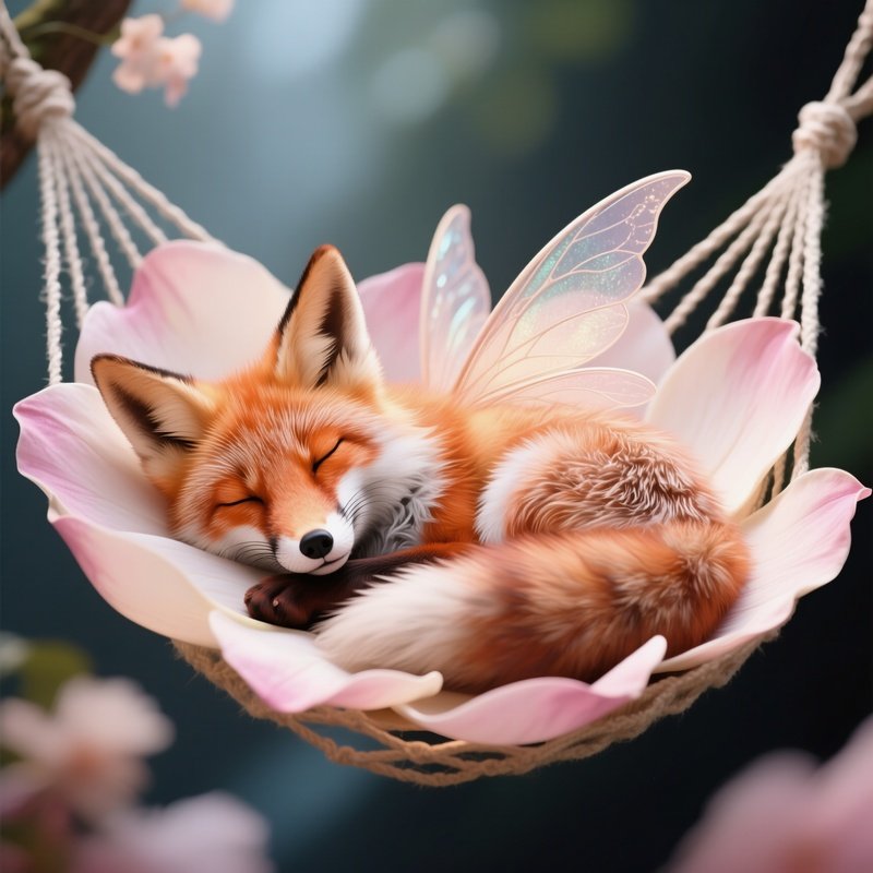 Photorealistic Image: A Fairy Fox Sleeping On A Petal Hammock.