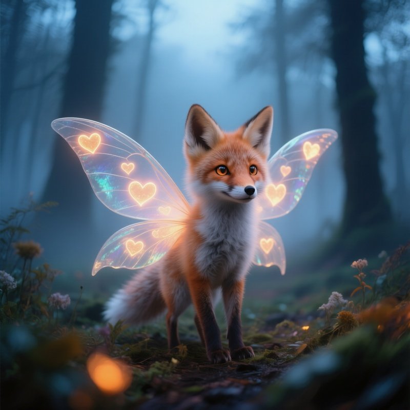 Photorealistic Image A Fairy Fox With Heart Shaped Wing Markings