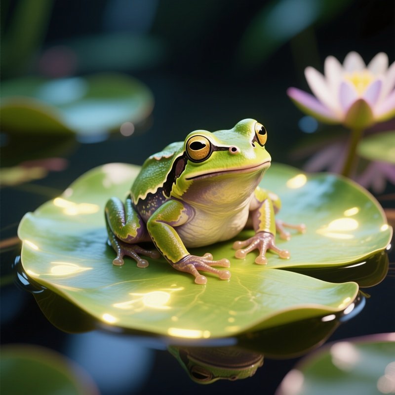 Photorealistic Image: A Fairy Frog Chilling On A Glowing Lily Pad.