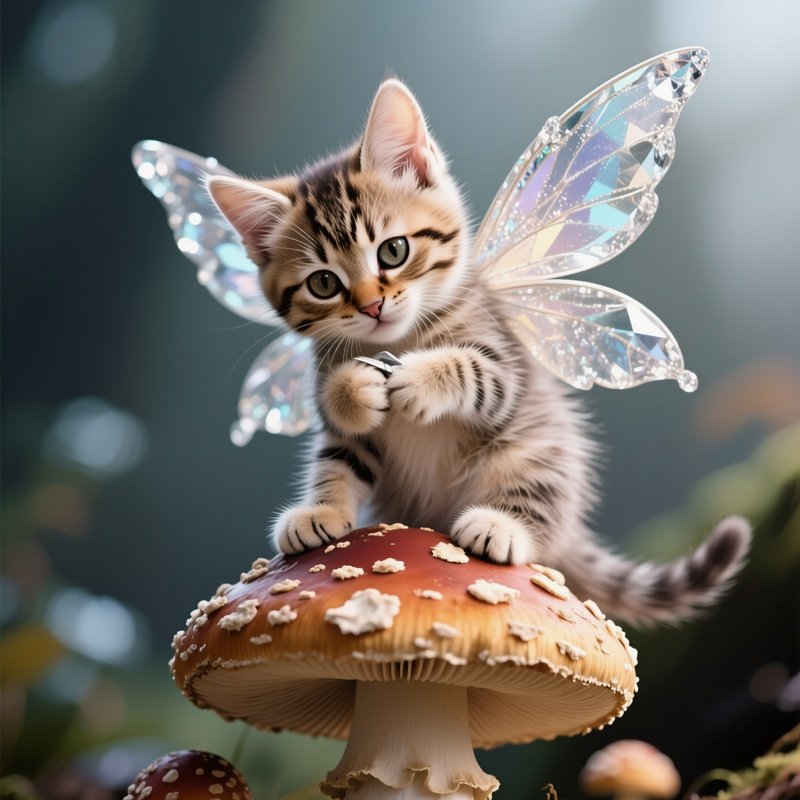 Photorealistic Image: A Fairy Kitten With Crystal Wings Grooming Itself Atop A Mushroom.