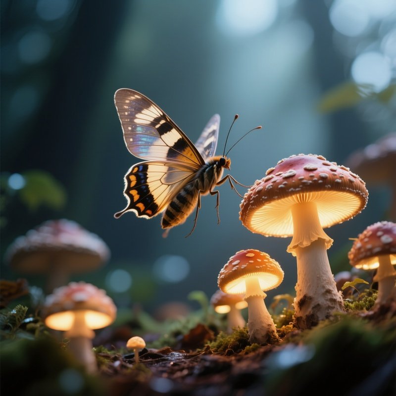 Photorealistic Image: A Fairy Moth Fluttering Around Glowing Mushrooms.