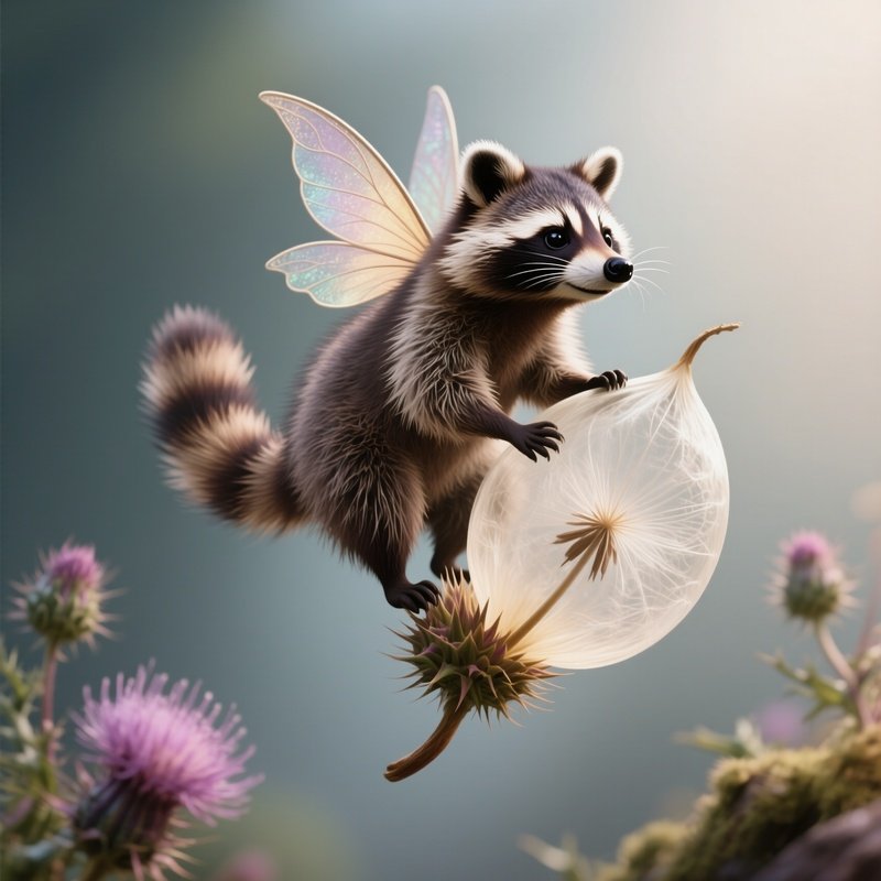 Photorealistic Image: A Fairy Raccoon Riding A Floating Thistle Seed.