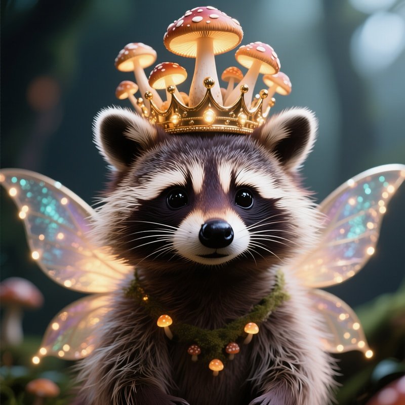 Photorealistic Image: A Fairy Raccoon Wearing A Crown Of Glowing Mushrooms.