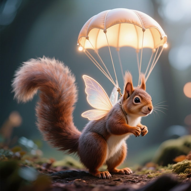 Photorealistic Image: A Fairy Squirrel Using Its Tail As A Glowing Parachute.