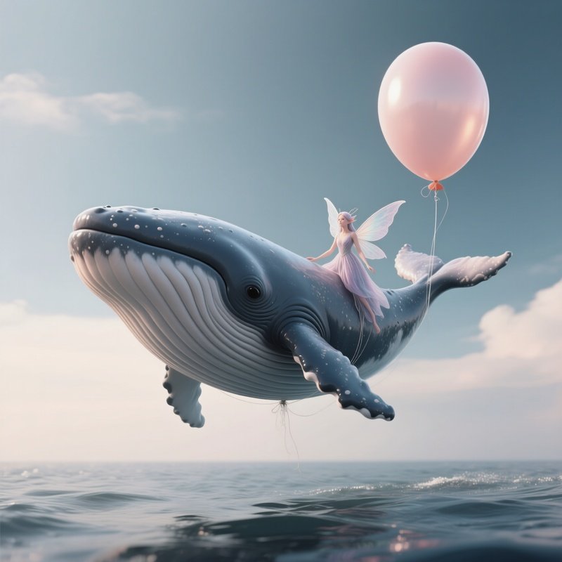 Photorealistic Image: A Fairy Whale Floating Like A Balloon.