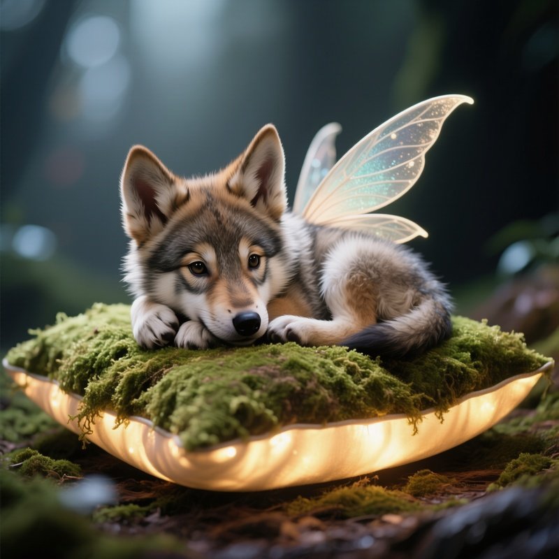 Photorealistic Image: A Fairy Wolf Pup Curled On A Glowing Moss Pillow.