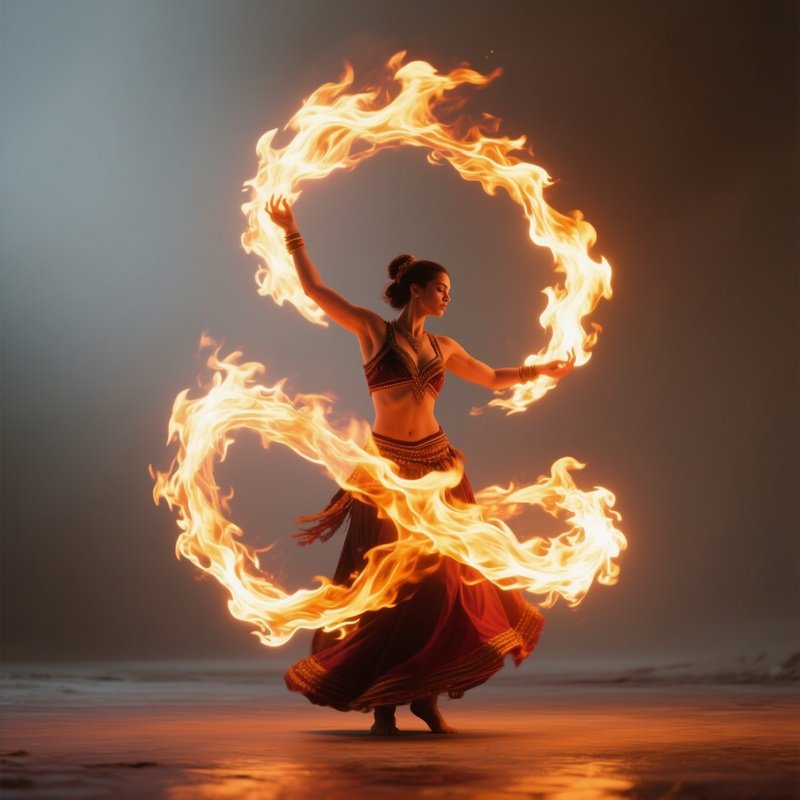 Photorealistic Image: A Fire Dancer Weaving Bright Flames Into Shapes.