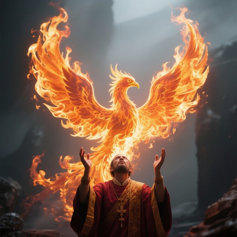 Photorealistic Image: A Fire Priest Calling Flames Into The Shape Of A Phoenix.