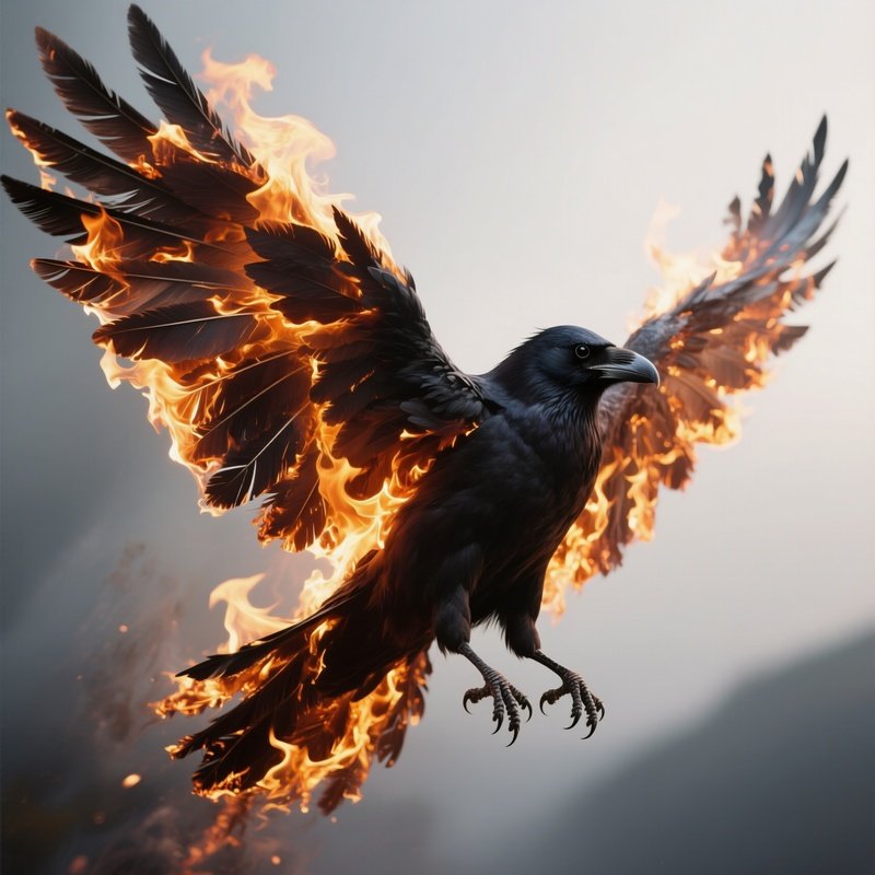 Photorealistic Image: A Fire Raven With Wings Made Of Burning Feathers.