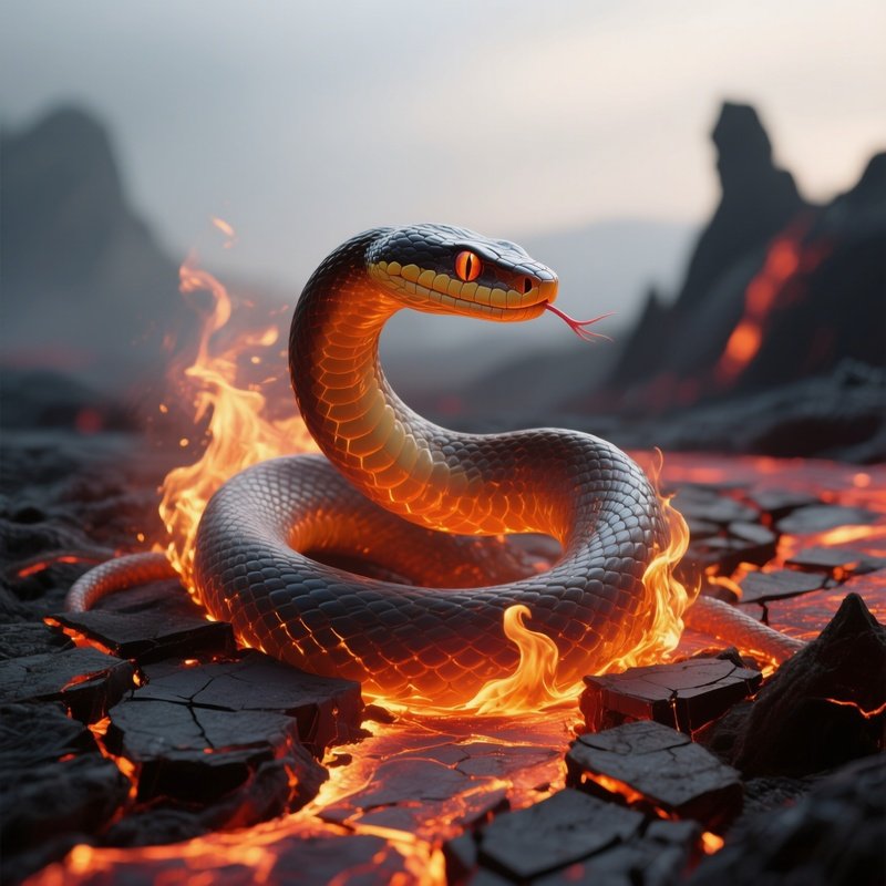 Photorealistic Image: A Fire Serpent Coiling Through Shattered Lava Cracks.