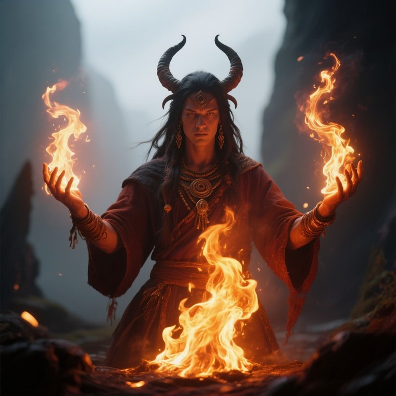 Photorealistic Image: A Fire Shaman Summoning Ember Spirits.