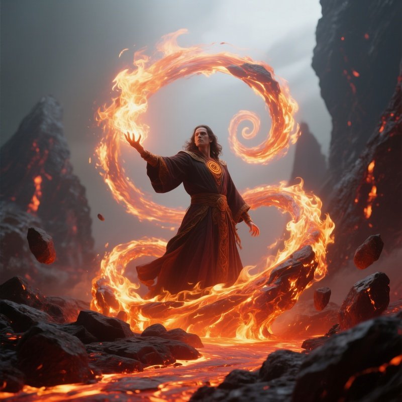 Photorealistic Image: A Fire Summoner Calling Spirals Of Molten Rock.