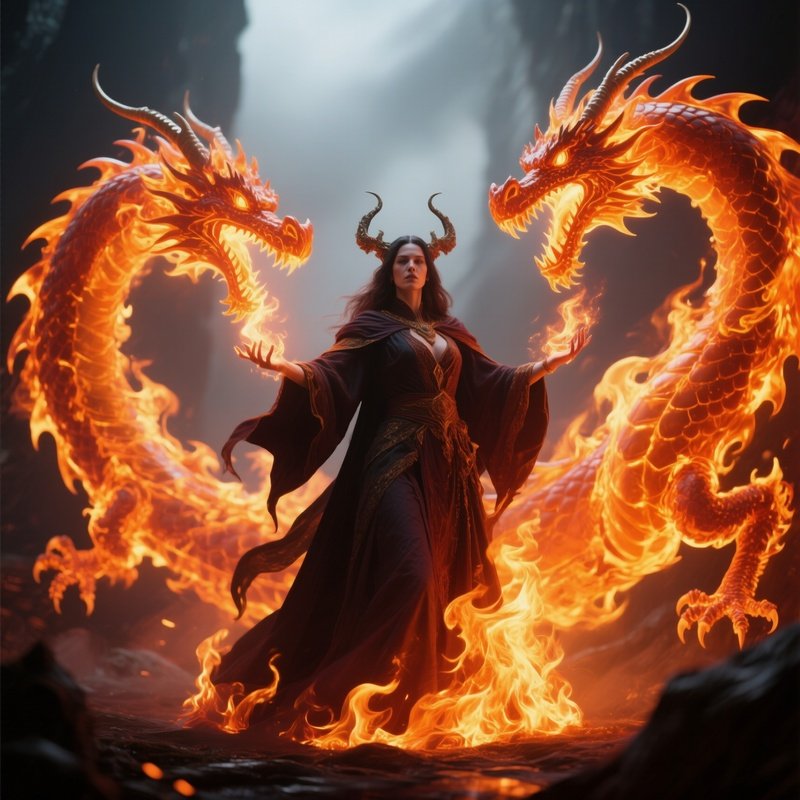 Photorealistic Image: A Fire Warlock Summoning Dragons Made Of Pure Flame.