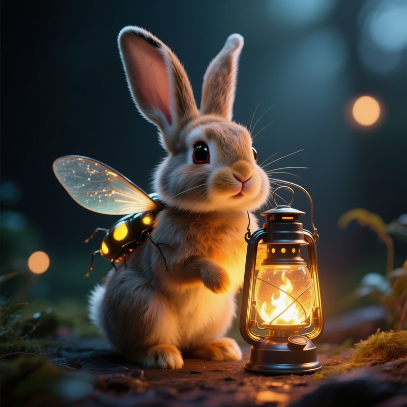 Photorealistic Image: A Firefly Bunny Glowing Like A Lantern.