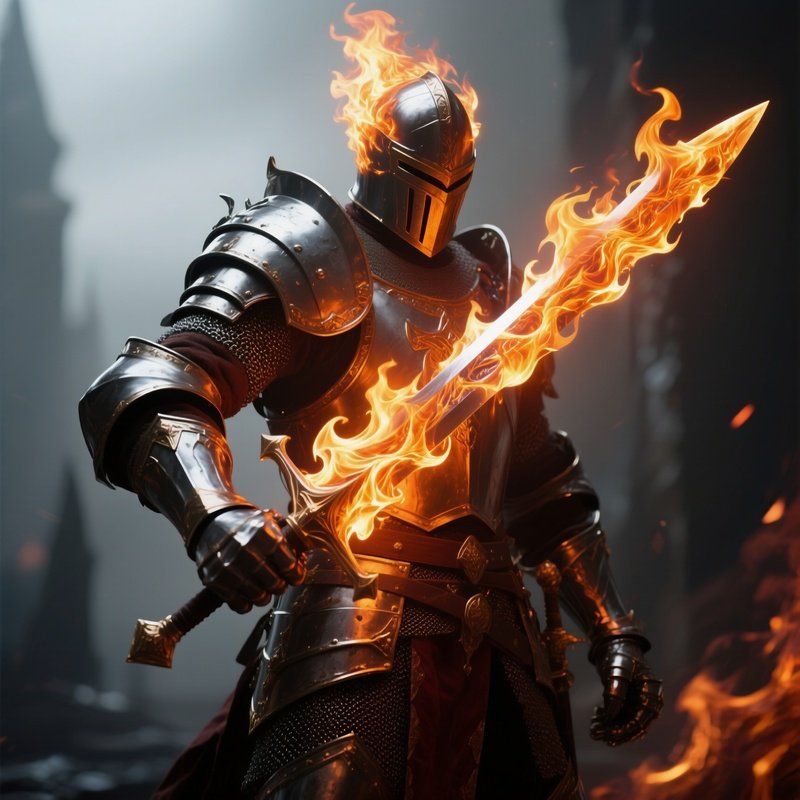 Photorealistic Image: A Flame Knight Wielding A Sword Made Of Living Fire.
