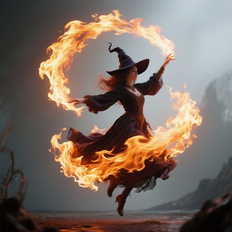 Photorealistic Image: A Flame Witch Spinning Fire In Midair As If Dancing.