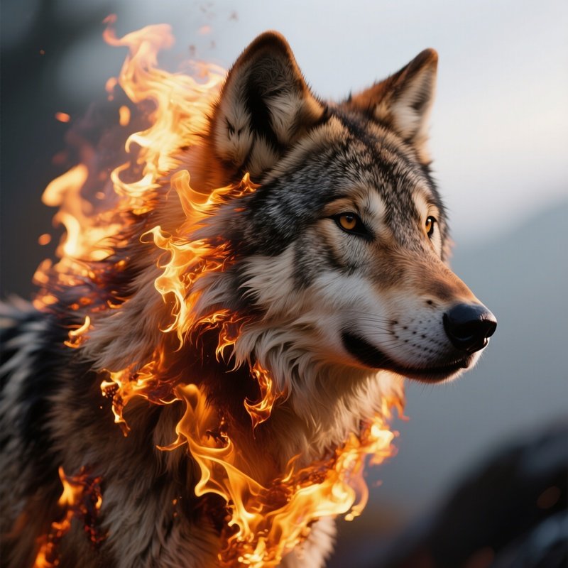 Photorealistic Image: A Flame Wolf With A Mane Of Burning Embers.