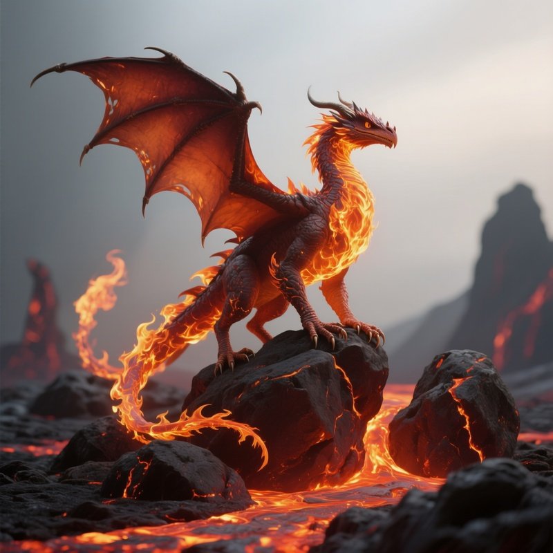 Photorealistic Image: A Flame Wyvern Perched On Molten Boulders.
