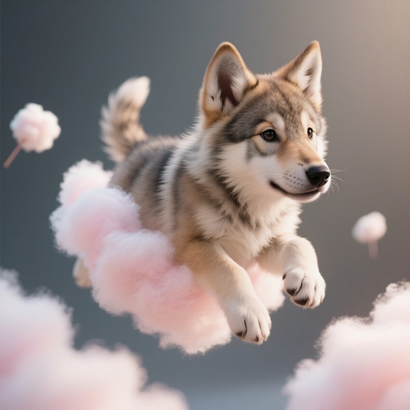 Photorealistic Image: A Floating Cotton Candy Wolf Pup Wagging Softly.