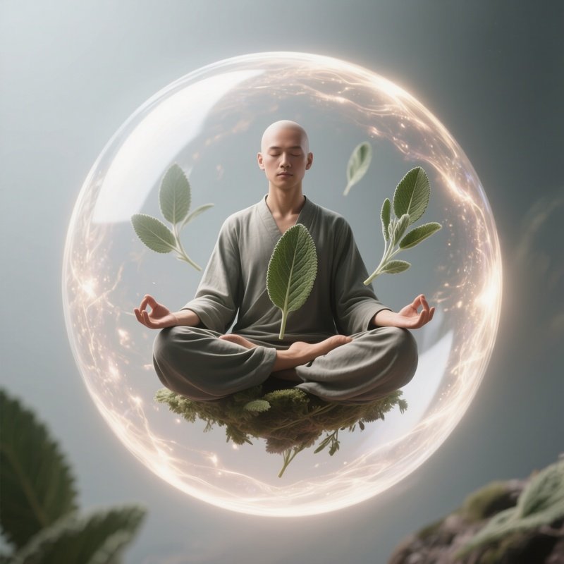 Photorealistic Image: A Floating Sage Meditating Within A Sphere Of Magical Energy.
