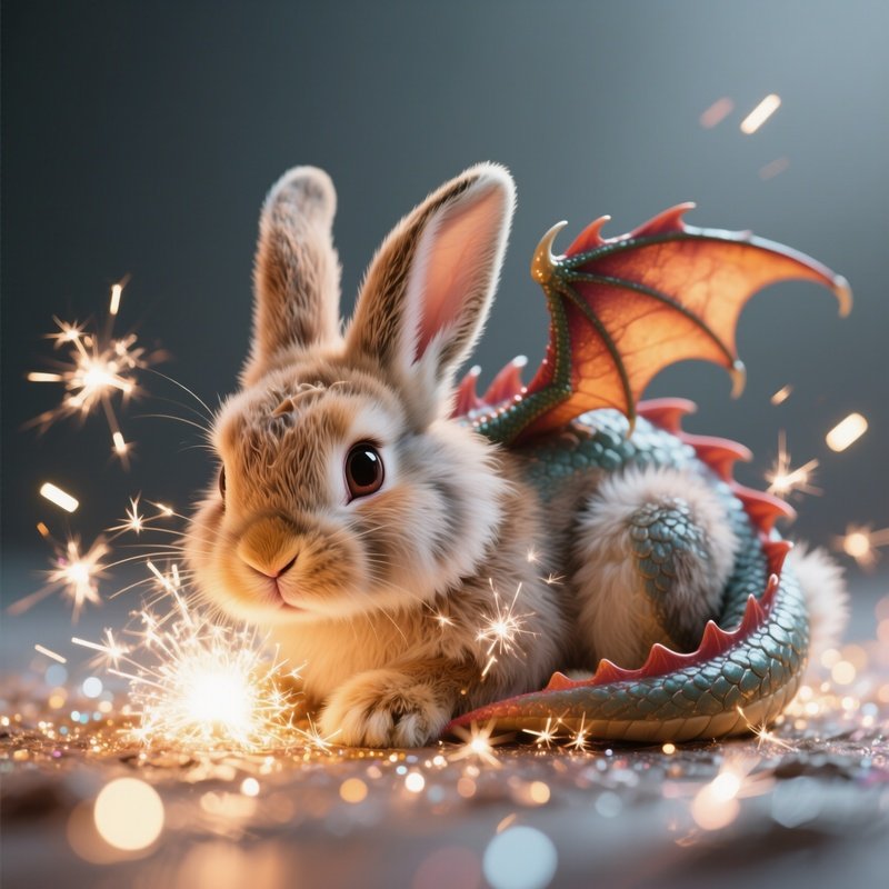 Photorealistic Image: A Fluffy Dragon Bunny Rolling In Sparkles.