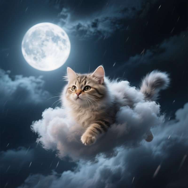 Photorealistic Image: A Fluffy Storm Cloud Kitten Drifting Through Moonlight.