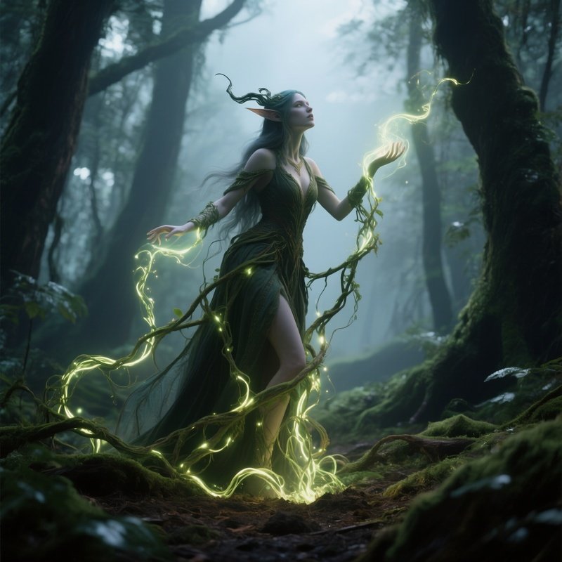 Photorealistic Image: A Forest Enchantress Calling Glowing Vines From The Earth.