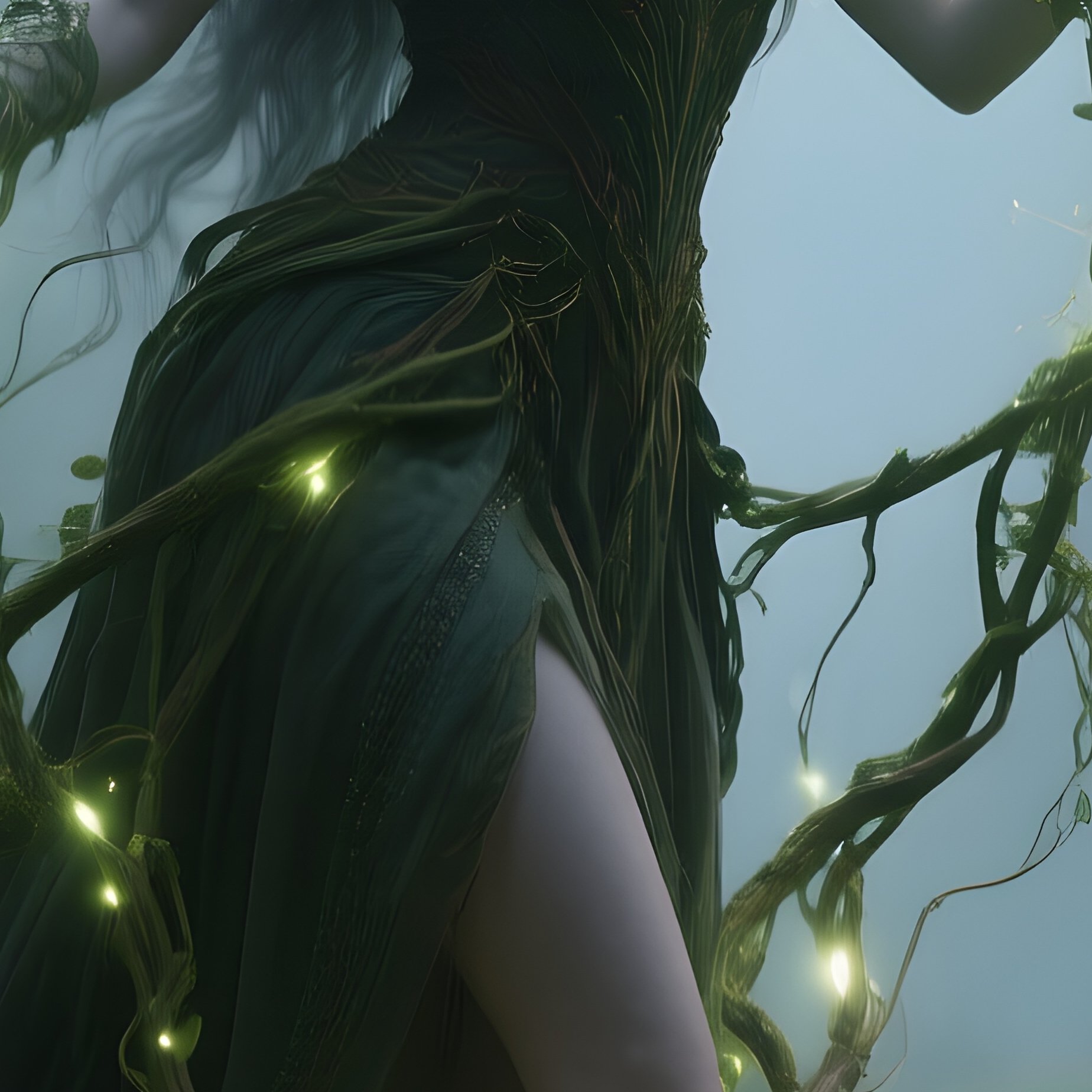 Photorealistic Image: A Forest Enchantress Calling Glowing Vines From The Earth. - Full Resolution Quality Preview