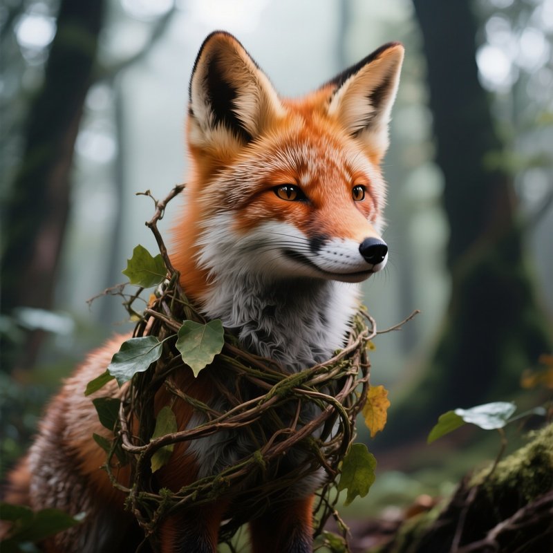 Photorealistic Image: A Forest Fox Woven From Vines And Leaves.