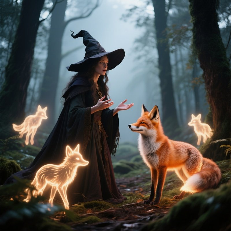 Photorealistic Image: A Forest Witch Speaking To Glowing Fox Spirits.