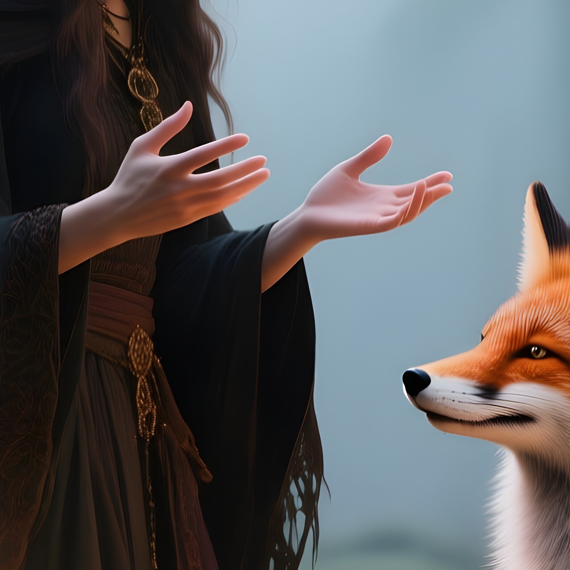 Photorealistic Image: A Forest Witch Speaking To Glowing Fox Spirits. - Full Resolution Quality Preview