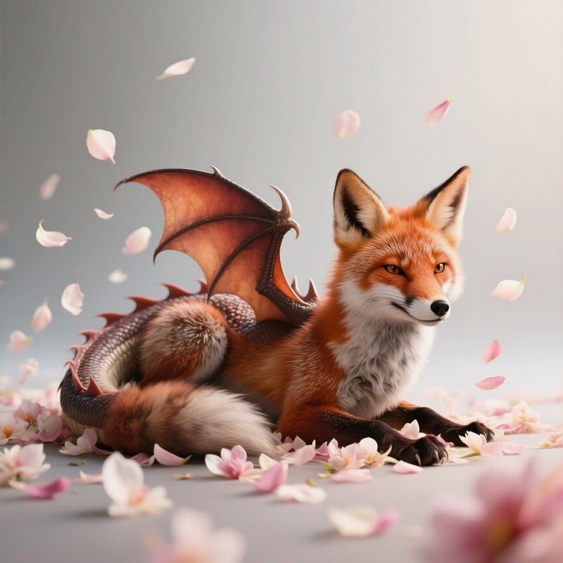 Photorealistic Image: A Fox Dragon Hybrid Rolling In Floating Flower Petals.