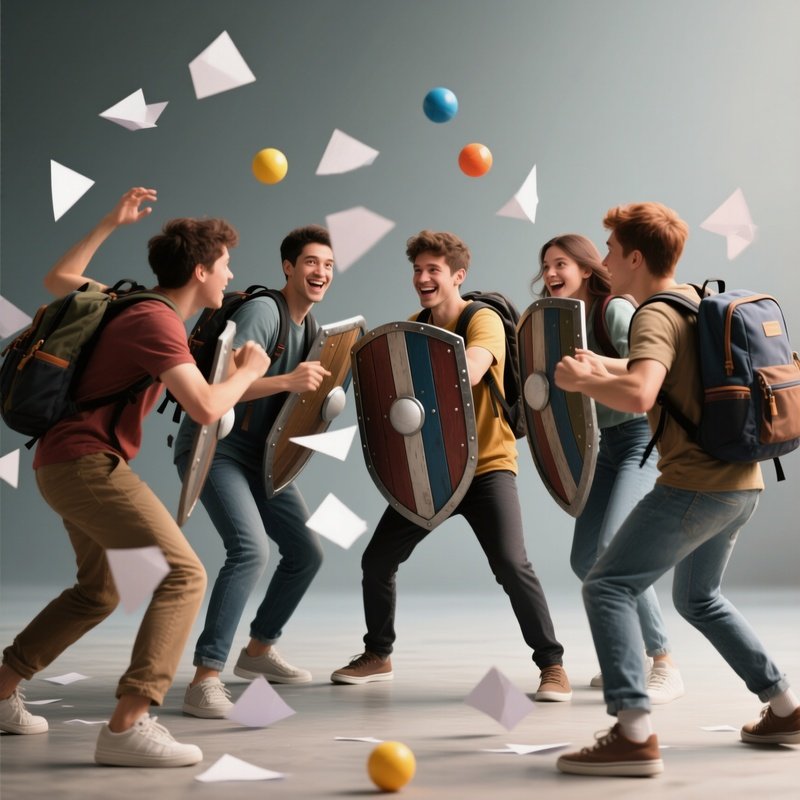 Photorealistic Image: A Friend Group Using Backpacks As “Shields” During A Playful Paper Ball Fight.