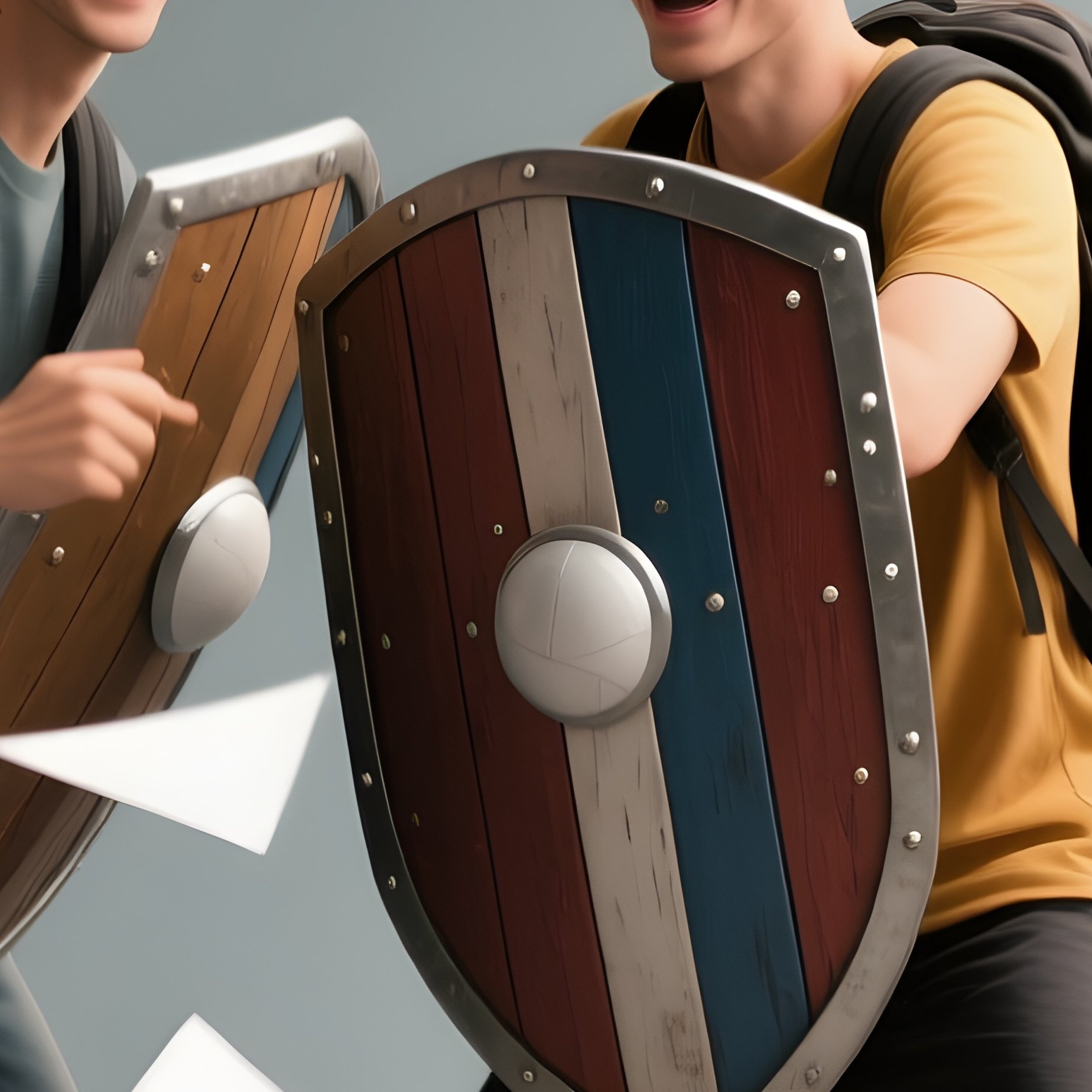 Photorealistic Image: A Friend Group Using Backpacks As “Shields” During A Playful Paper Ball Fight. - Full Resolution Quality Preview