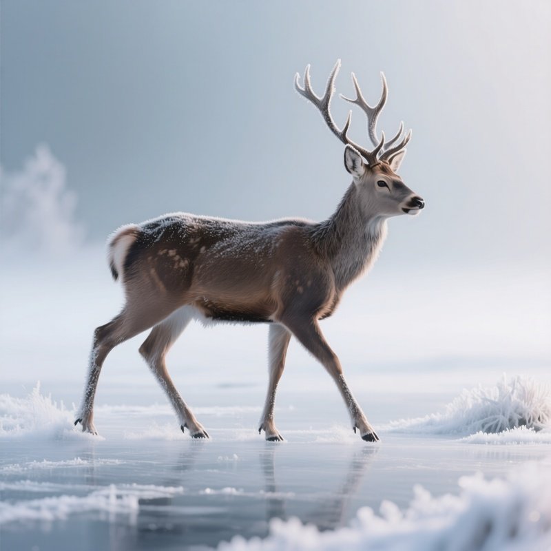 Photorealistic Image: A Frost Deer Walking Across Frozen Air.