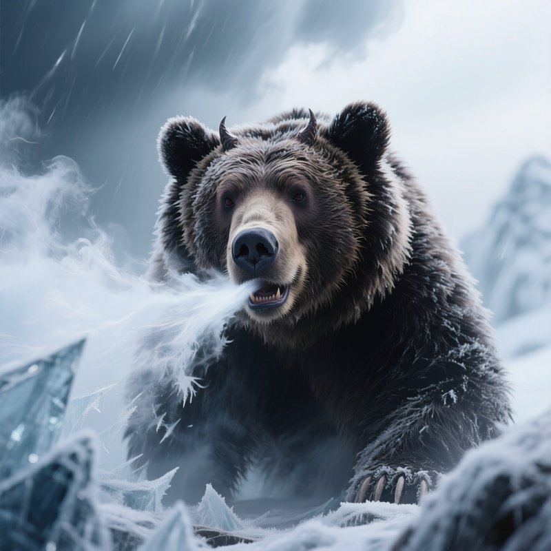 Photorealistic Image: A Frost Demon Bear Breathing Icy Storms.
