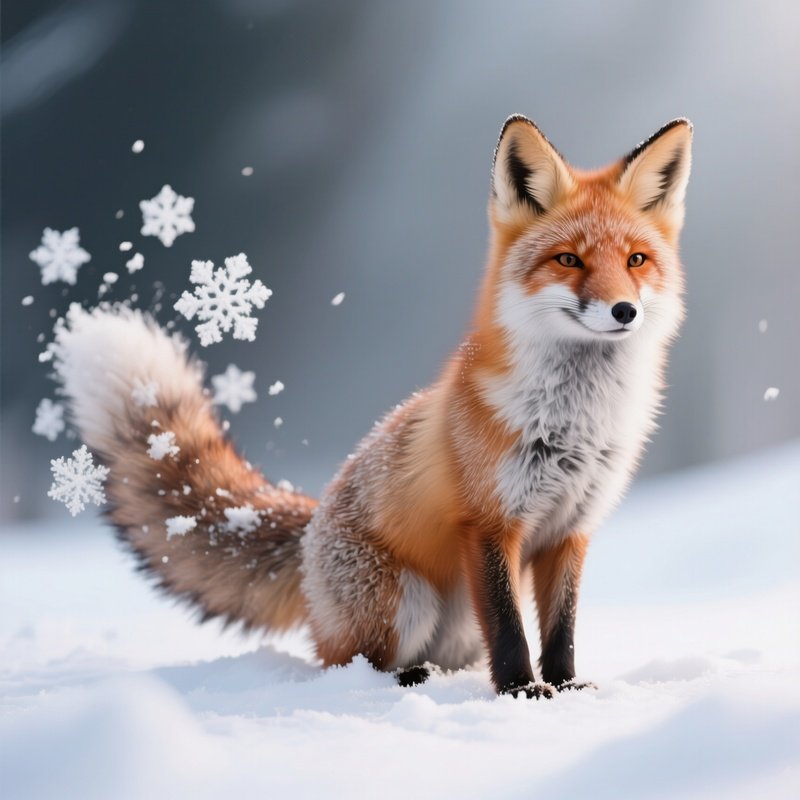 Photorealistic Image: A Frost Fox Whose Tail Leaves Snowflakes Behind.
