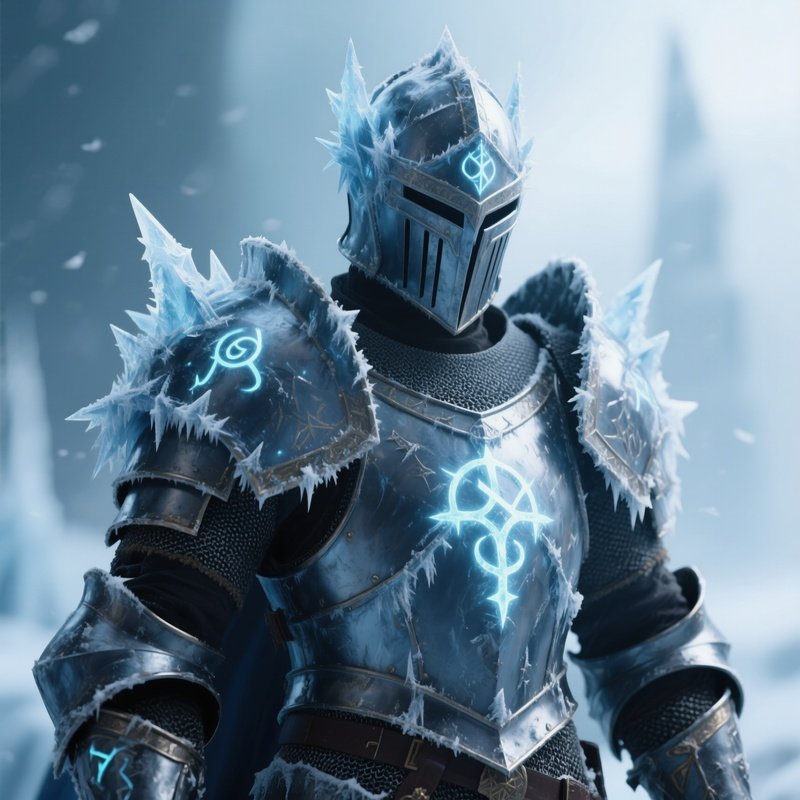Photorealistic Image: A Frost Knight With Icy Armor And Glowing Runes.