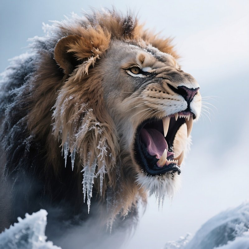 Photorealistic Image: A Frost Lion With Icicle Fangs Roaring Icy Mist.