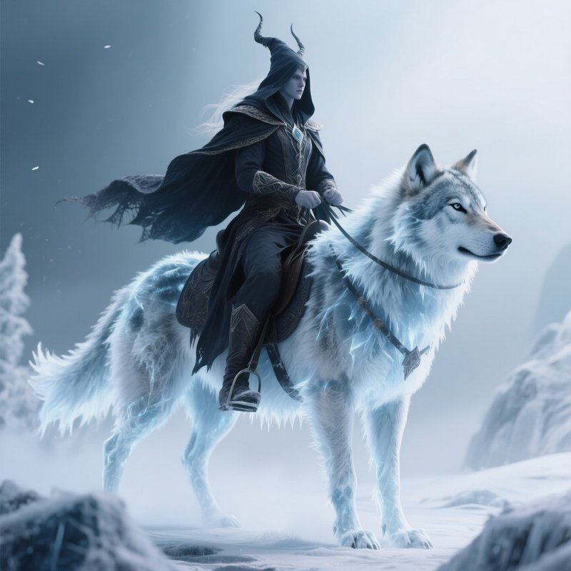 Photorealistic Image: A Frost Warlock Riding A Spectral Ice Wolf.