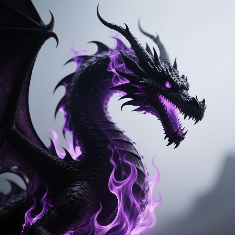 Photorealistic Image: A Ghost Dragon Emitting Black Purple Flame.