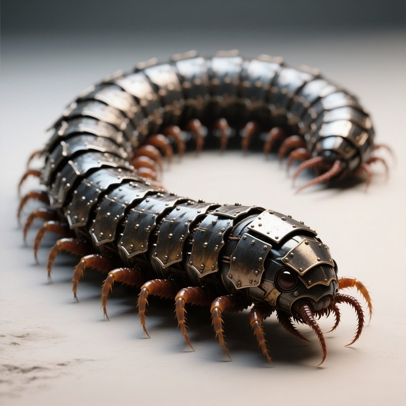 Photorealistic Image: A Giant Centipede Covered In Armored Plates.