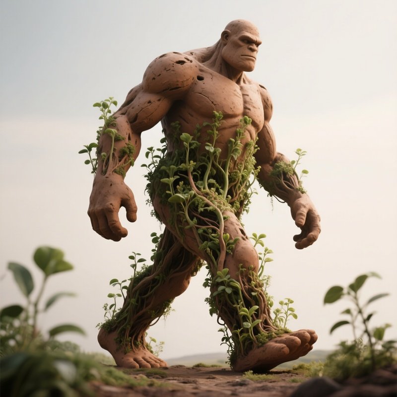 Photorealistic Image: A Giant Clay Giant Sprouting New Plants As It Walks.