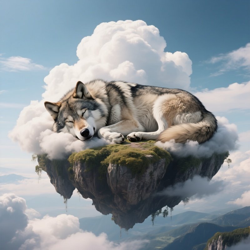 Photorealistic Image: A Giant Cloud Wolf Sleeping On A Floating Sky Island.