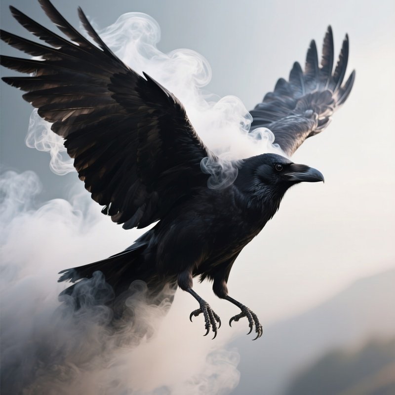 Photorealistic Image: A Giant Crow With Smoke Billowing From Its Wings.